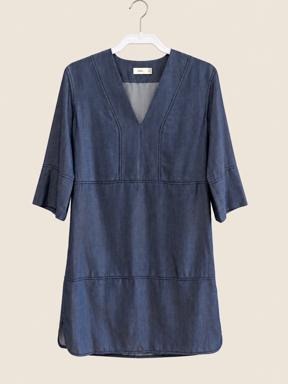 Vince Chambray Shift Dress Blue Lyocell V Neck Bell Sleeve XS